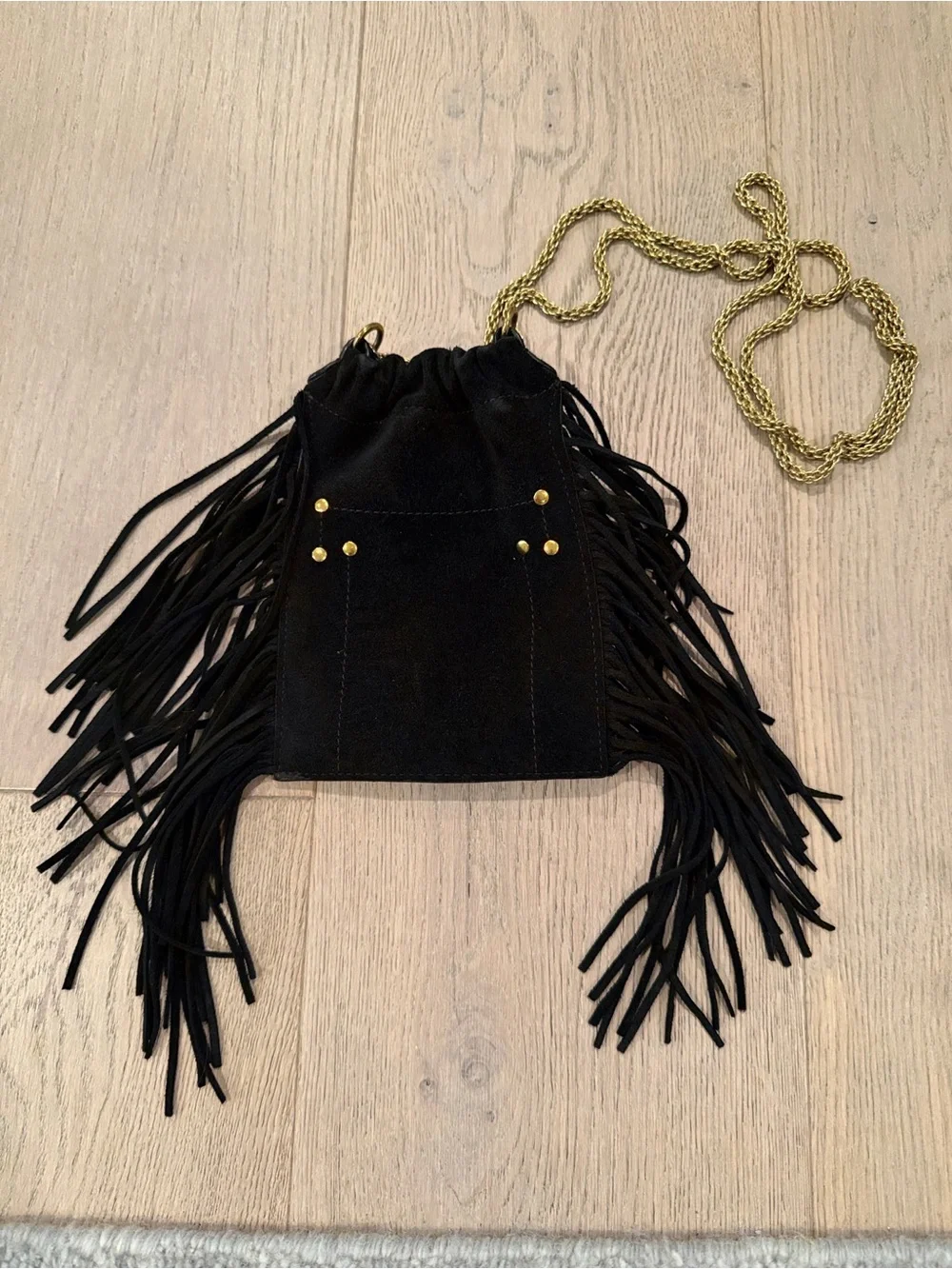 Jerome Dreyfuss Black Suede Fringe Crossbody Bag with Gold Chain